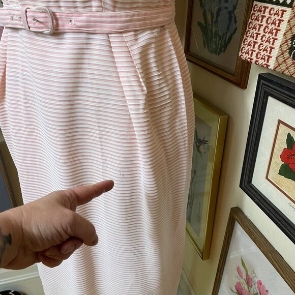60s Vintage Pink & White Striped Short Sleeve Belted Dress With Back Zipper M - Picture 4 of 6